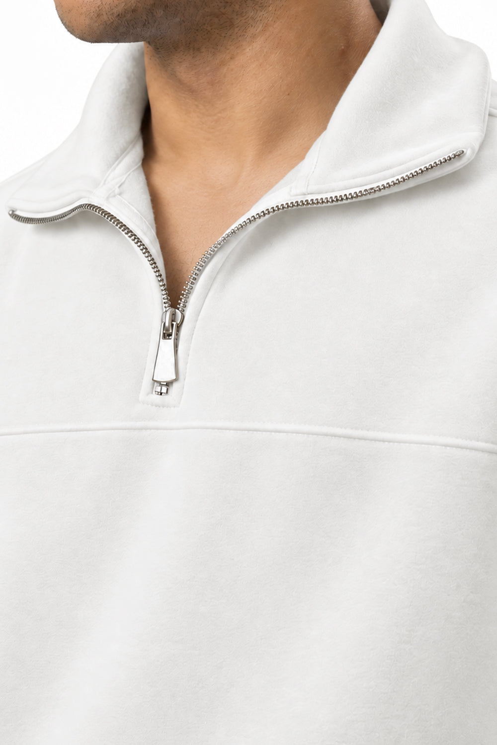 Close-up of Off White Classic Fleece Quarter Zipper collar and zip detail