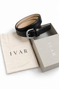 Ivar Black Classic Thin Leather Belt - Packaging with Box - IVAR Clothing