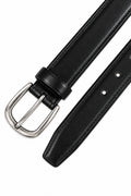 Ivar Black Classic Thin Leather Belt - Flat Lay Buckle Detail - IVAR Clothing