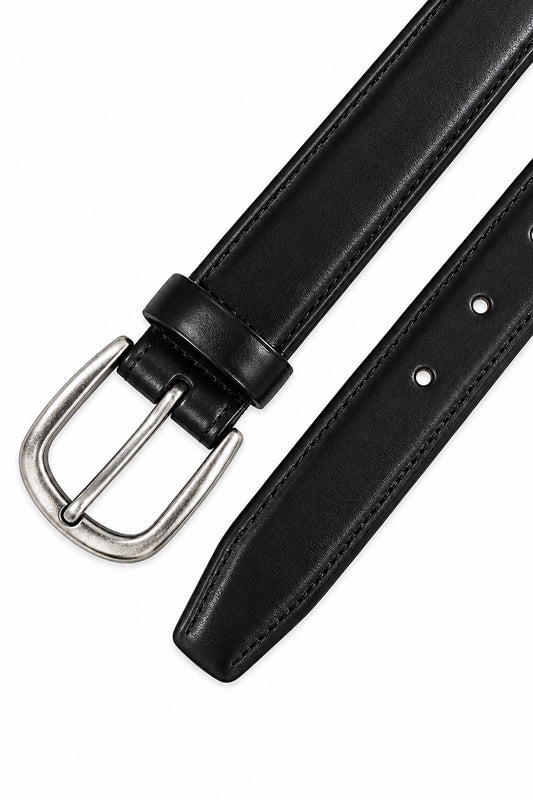 Ivar Black Classic Thin Leather Belt - Flat Lay Buckle Detail - IVAR Clothing