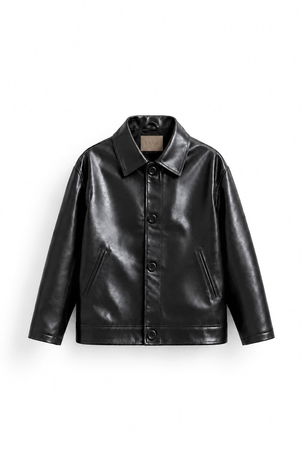 IVAR Black Coat Leather Jacket, flat lay front view