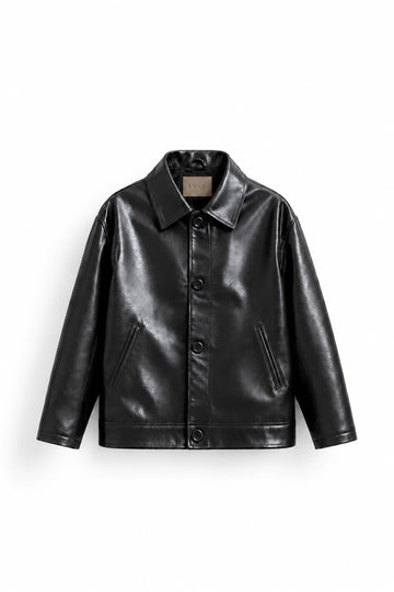 IVAR Black Coat Leather Jacket, flat lay front view