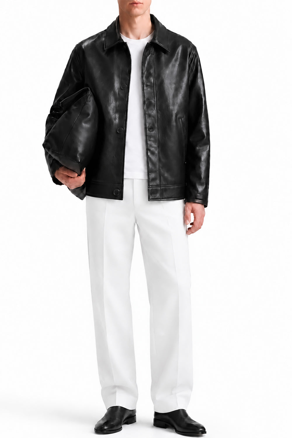 Man wearing the Black Coat Leather Jacket with white trousers, front view