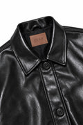 Close-up of Black Coat Leather Jacket collar and button closure
