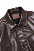 Close-up of Brown Coat Leather Jacket collar and button closure