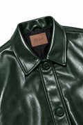 Close-up of Deep Forest Coat Leather Jacket collar and button closure