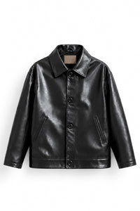 IVAR Black Coat Leather Jacket, flat lay front view