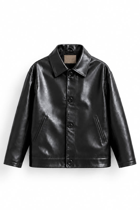 IVAR Black Coat Leather Jacket, flat lay front view