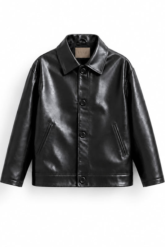 IVAR Black Coat Leather Jacket, flat lay front view