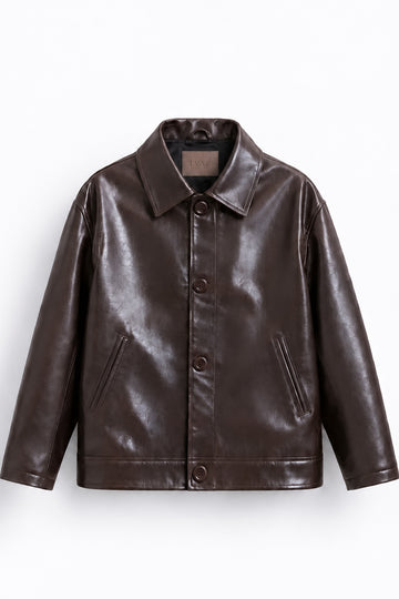 IVAR Brown Coat Leather Jacket, flat lay front view