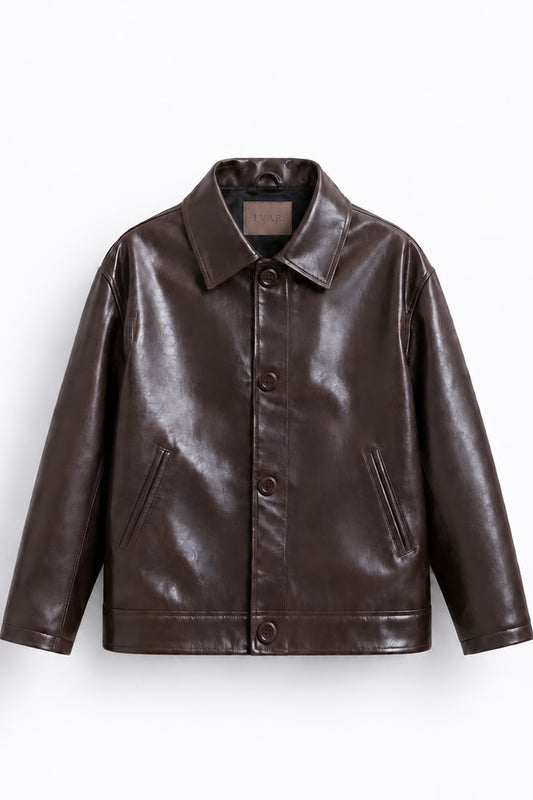 IVAR Brown Coat Leather Jacket, flat lay front view