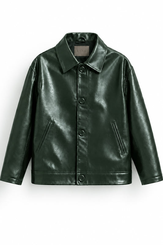 IVAR Deep Forest Coat Leather Jacket, flat lay front view