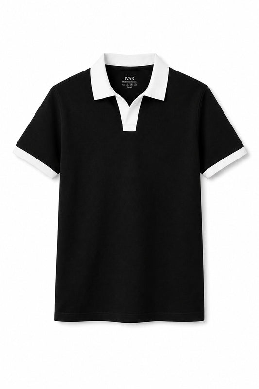 IVAR Black Contrast J/C Polo - Front View - IVAR Clothing