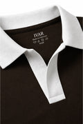 IVAR Chocolate Brown Contrast J/C Polo - Close-Up Collar Detail - IVAR Clothing