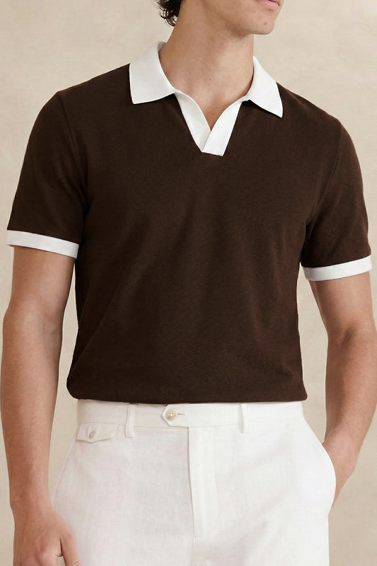 IVAR Brown Contrast J/C Polo - Model Wearing, Front View - IVAR Clothing