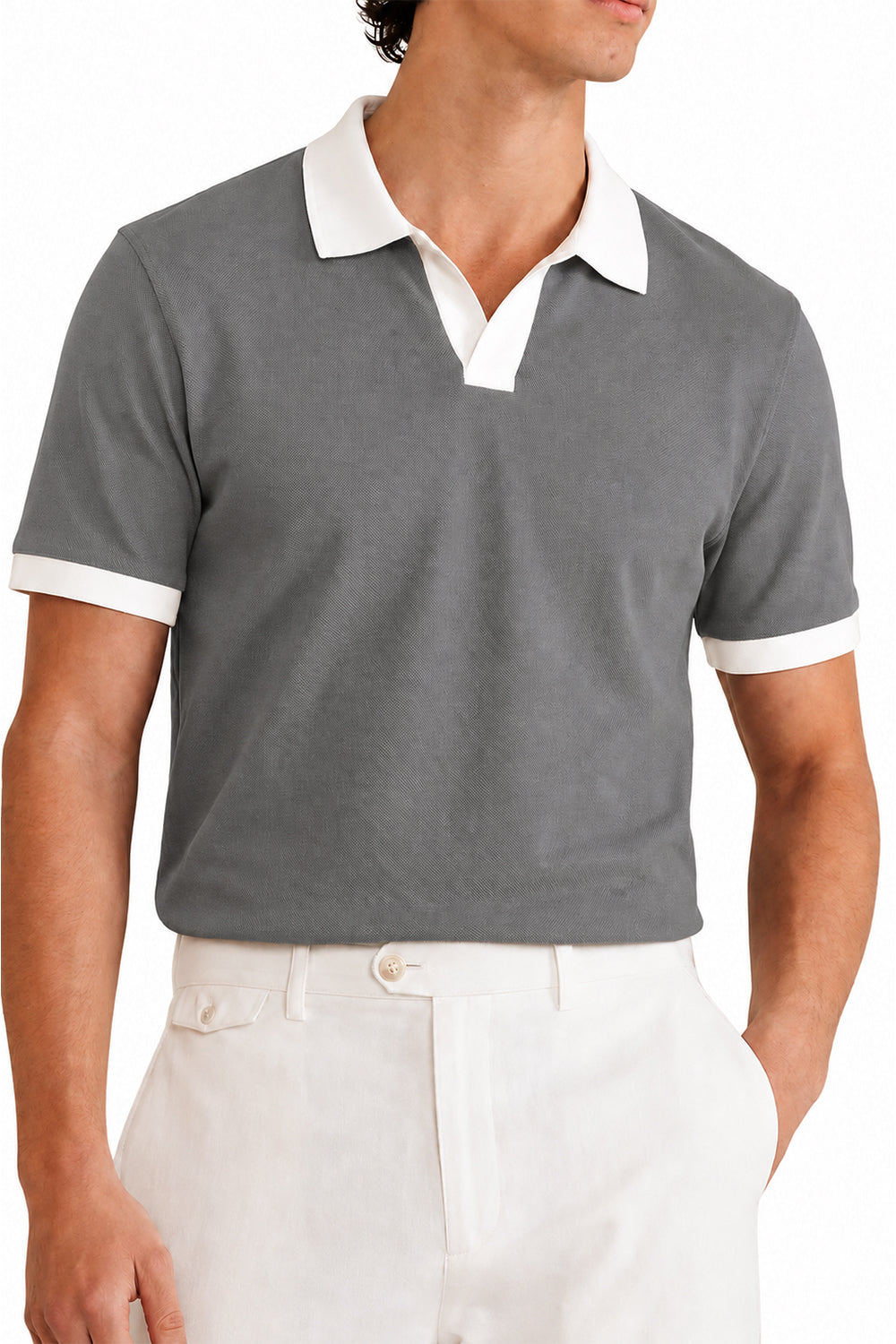 Men's Smoke Grey Contrast Collar Polo Full Length Front Styled with White Trousers