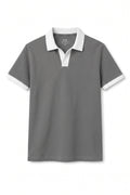 Smoke Grey Contrast Collar Polo Front View Textured Knit Minimal Look