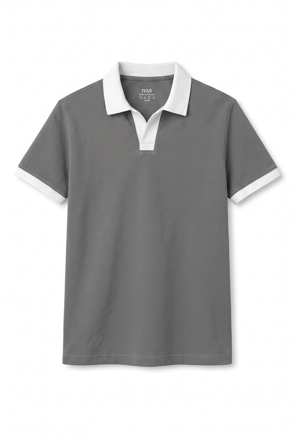 Smoke Grey Contrast Collar Polo Front View Textured Knit Minimal Look