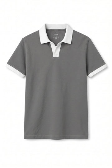 Smoke Grey Contrast Collar Polo Front View Textured Knit Minimal Look