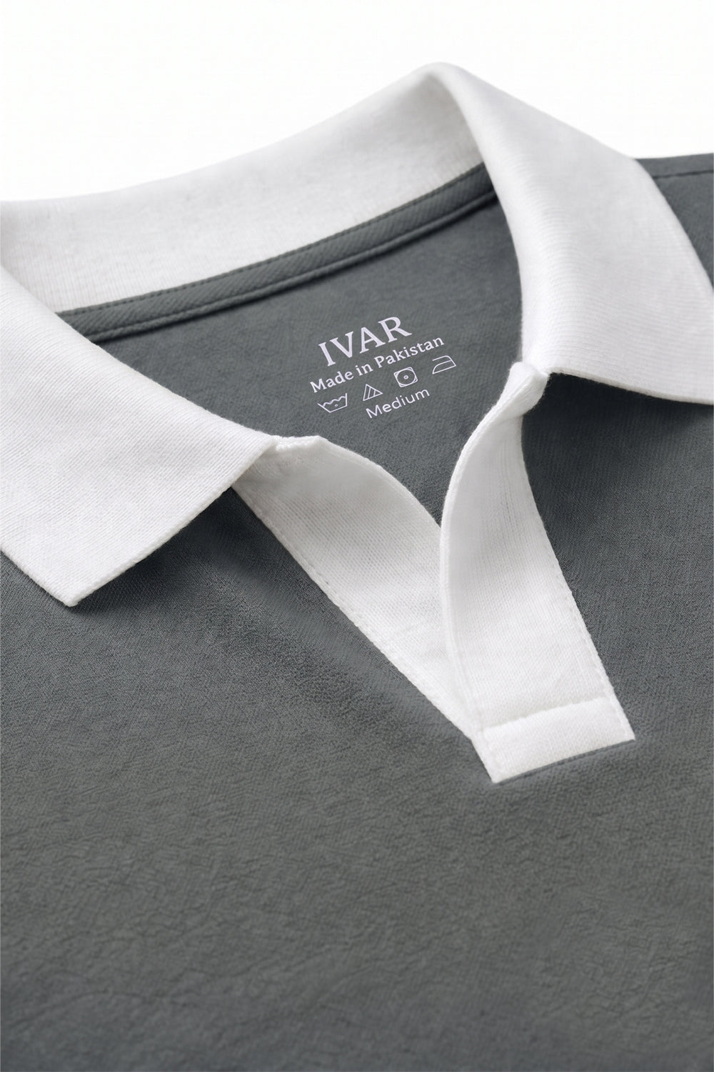 Smoke Grey Contrast Collar Polo Collar and Placket Close-Up Detail