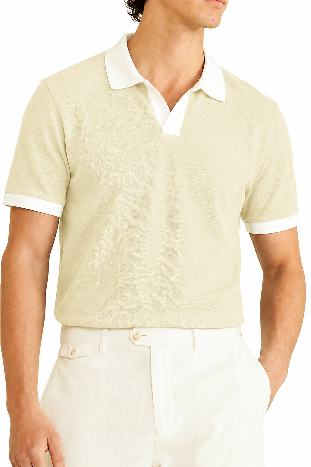 IVAR Milkmatcha Contrast J/C Polo - Model Wearing, Front View - IVAR Clothing