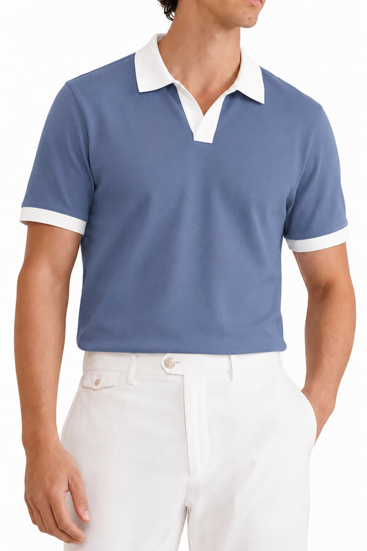 IVAR Pastel Blue Contrast J/C Polo - Model Wearing, Front View - IVAR Clothing