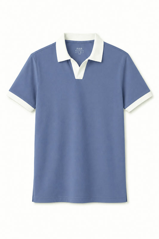 IVAR Pastel Blue Contrast J/C Polo - Front Flat Lay - IVAR Clothing