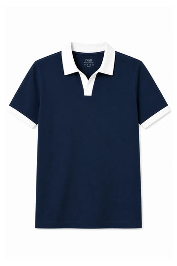 Navy Blue Contrast Collar Polo Front View Textured Knit Minimal Look