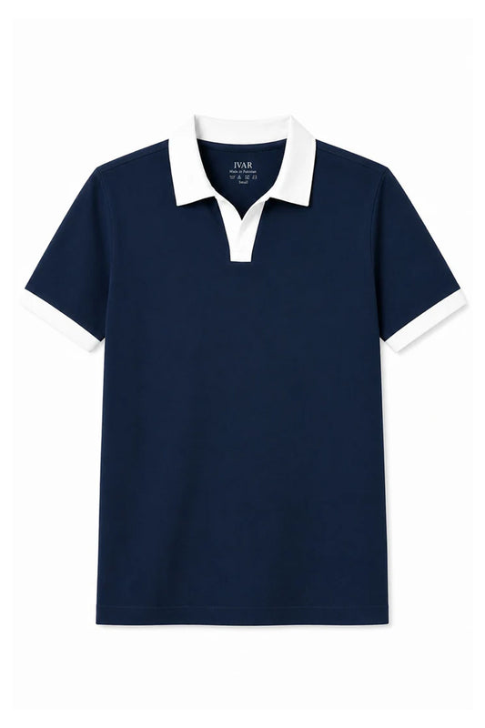 Navy Blue Contrast Collar Polo Front View Textured Knit Minimal Look