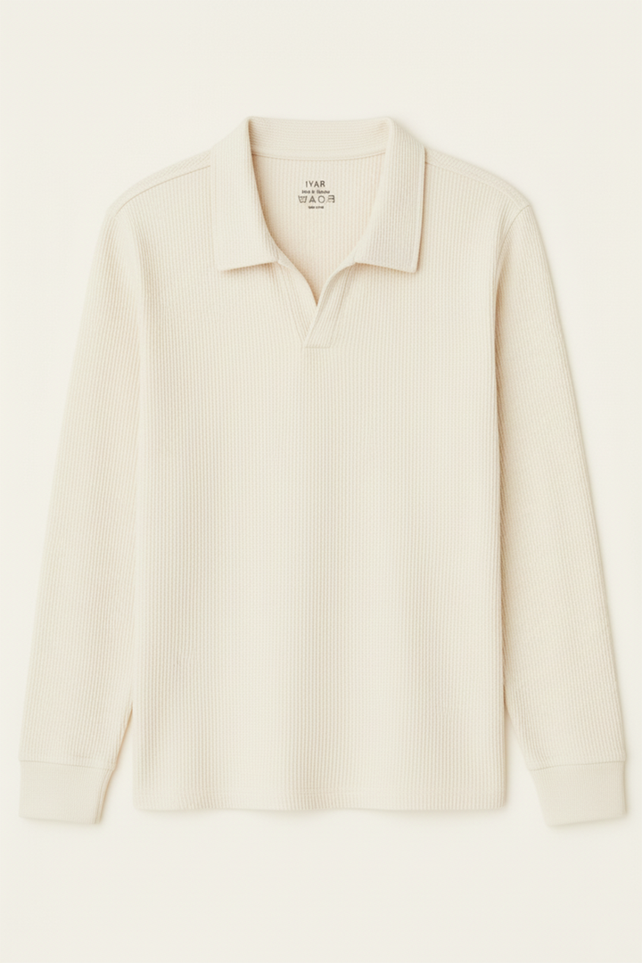 IVAR® Off White Waffle Knit Full Sleeve Johnny Collar Polo