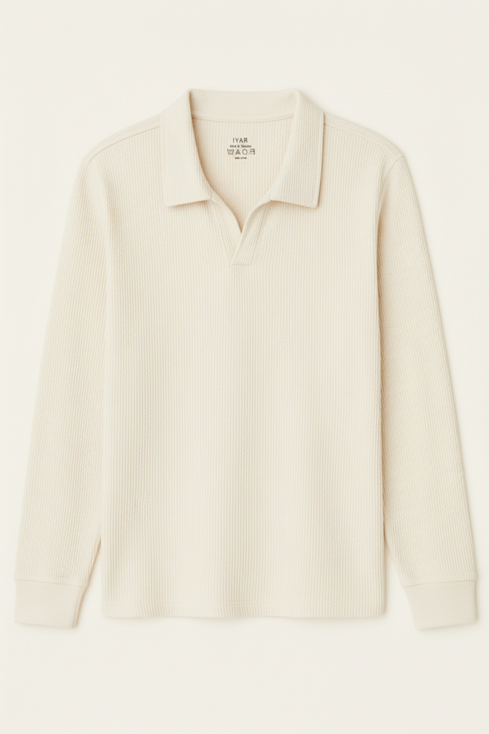 IVAR® Off White Waffle Knit Full Sleeve Johnny Collar Polo