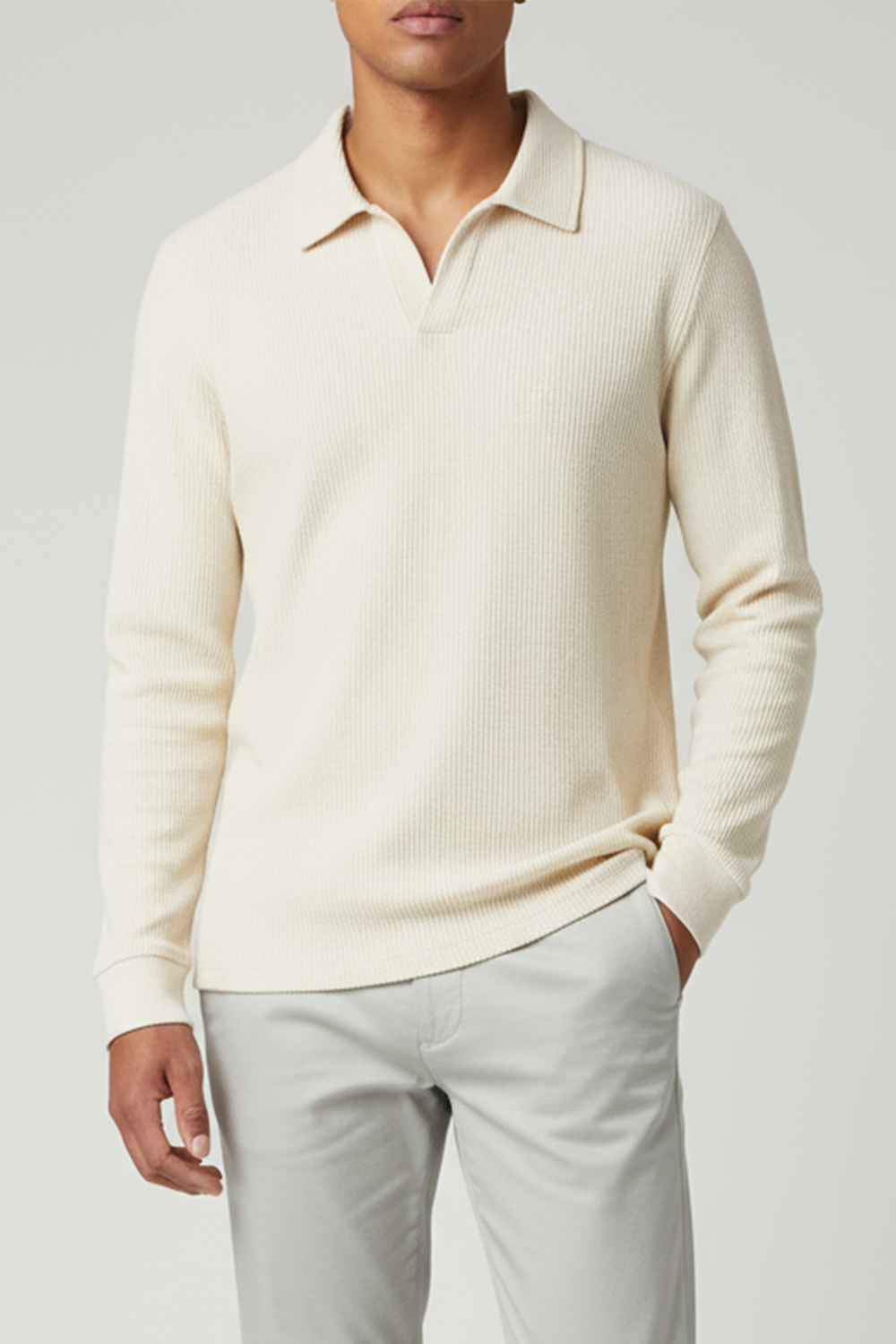 IVAR® Off White Waffle Knit Full Sleeve Johnny Collar Polo