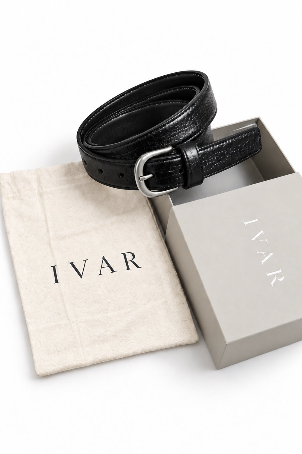 Ivar Black Croc Embossed Leather Belt - Packaging with Box - IVAR Clothing