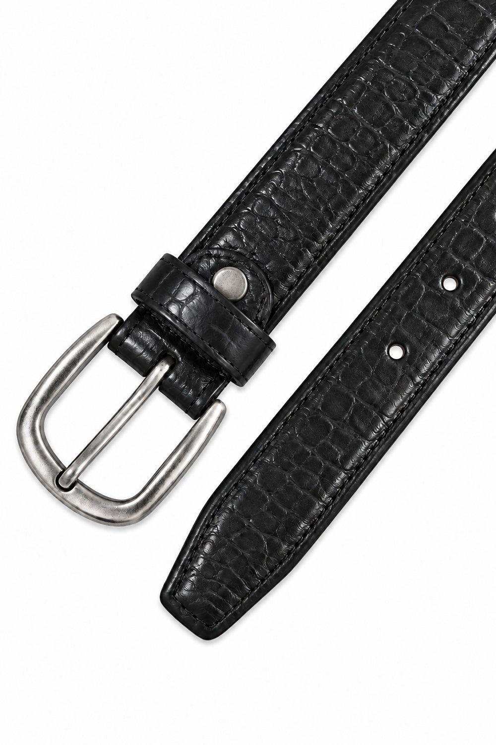 Ivar Black Croc Embossed Leather Belt - Flat Lay Buckle Detail - IVAR Clothing
