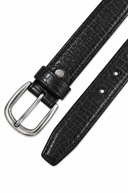 Ivar Black Croc Embossed Leather Belt - Flat Lay Buckle Detail - IVAR Clothing