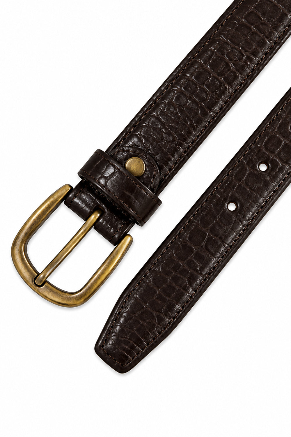 Ivar Brown Croc Embossed Leather Belt - Flat Lay Buckle Detail - IVAR Clothing