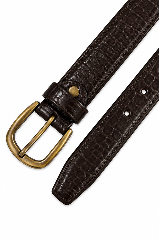 Ivar Brown Croc Embossed Leather Belt - Flat Lay Buckle Detail - IVAR Clothing
