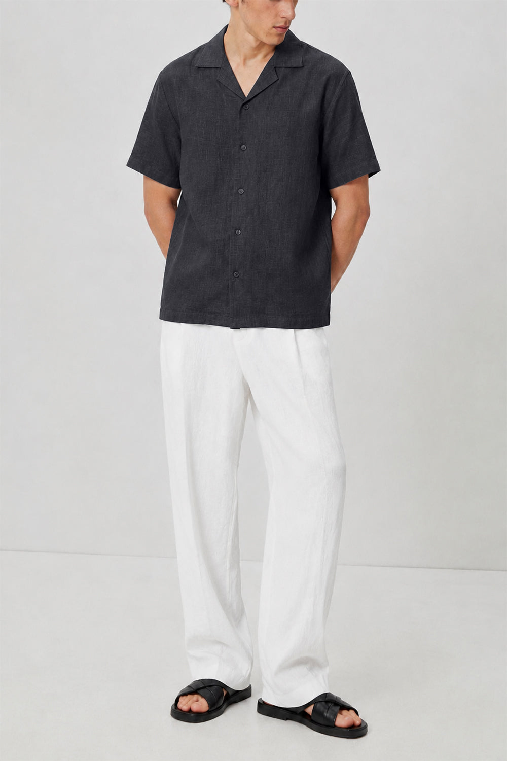 IVAR Charcoal Cuban Collar Linen Shirt - Model Wearing - IVAR Clothing