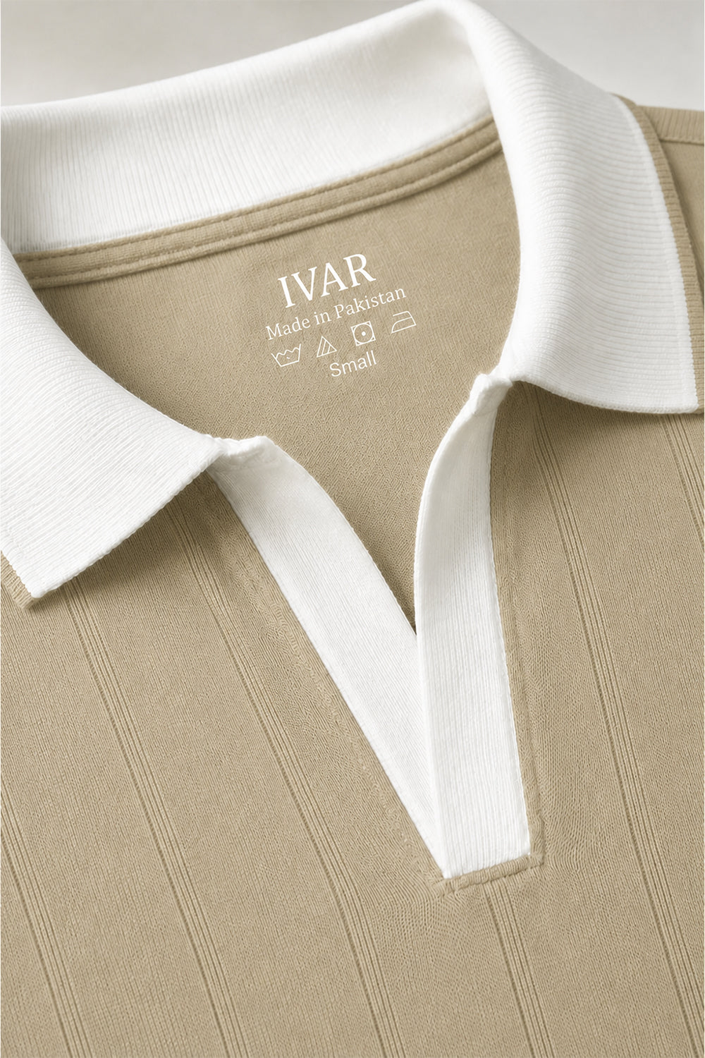 IVAR Beige Drop Needle Polo - Close-Up Collar Detail - IVAR Clothing