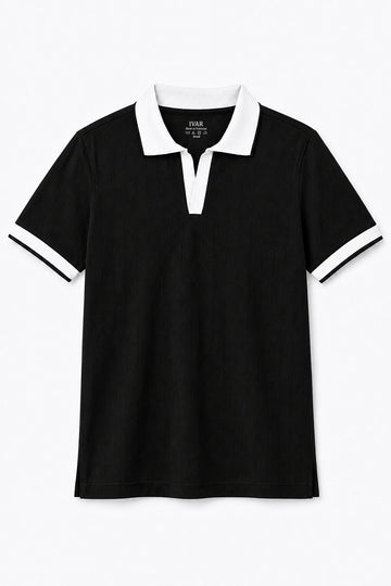 IVAR Black Drop Needle Polo - Front View - IVAR Clothing