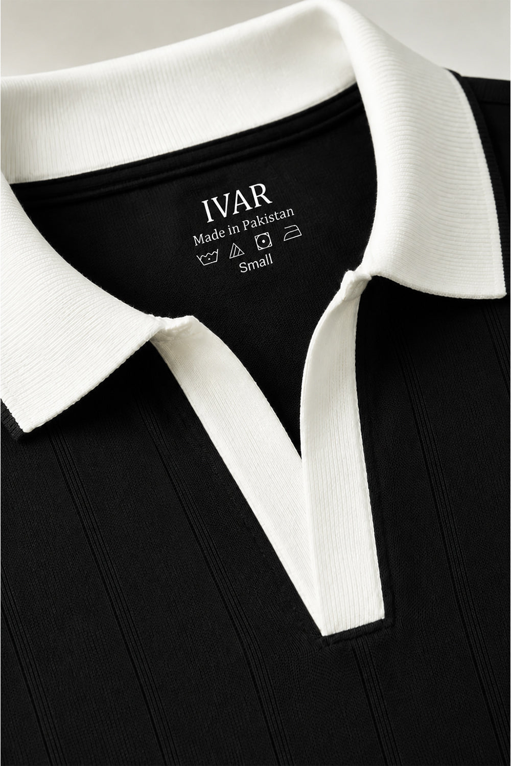 IVAR Black Drop Needle Polo - Close-Up Collar Detail - IVAR Clothing