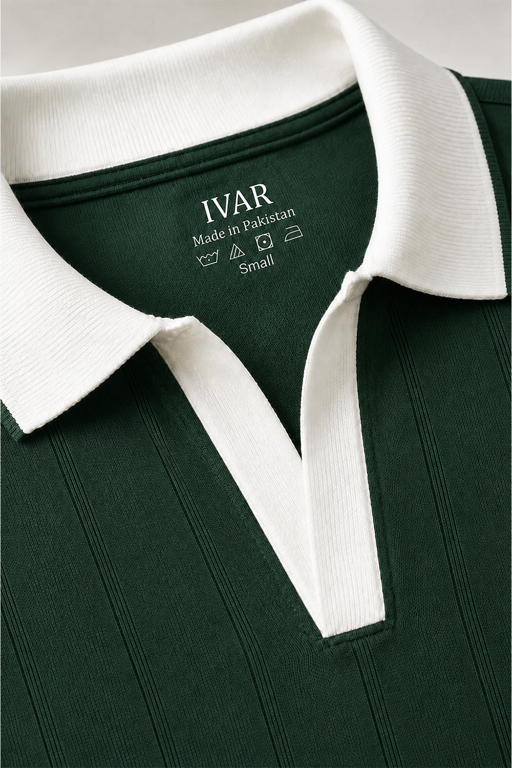 IVAR Deep Forest Drop Needle Polo - Close-Up Collar Detail - IVAR Clothing