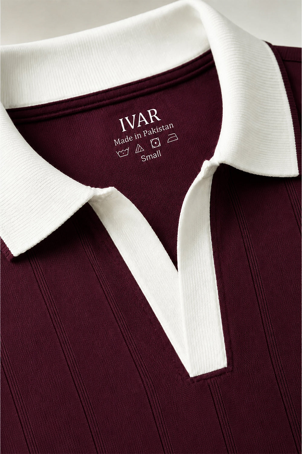 IVAR Maroon Drop Needle Polo - Close-Up Collar Detail - IVAR Clothing