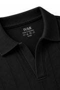 Close-up of Black Dropneedle Full Sleeve Polo Johnny collar and dropneedle texture