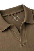 Close-up of Brown Dropneedle Full Sleeve Polo Johnny collar and dropneedle texture