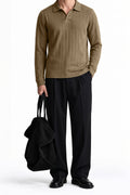 Man wearing the Brown Dropneedle Full Sleeve Polo with black trousers