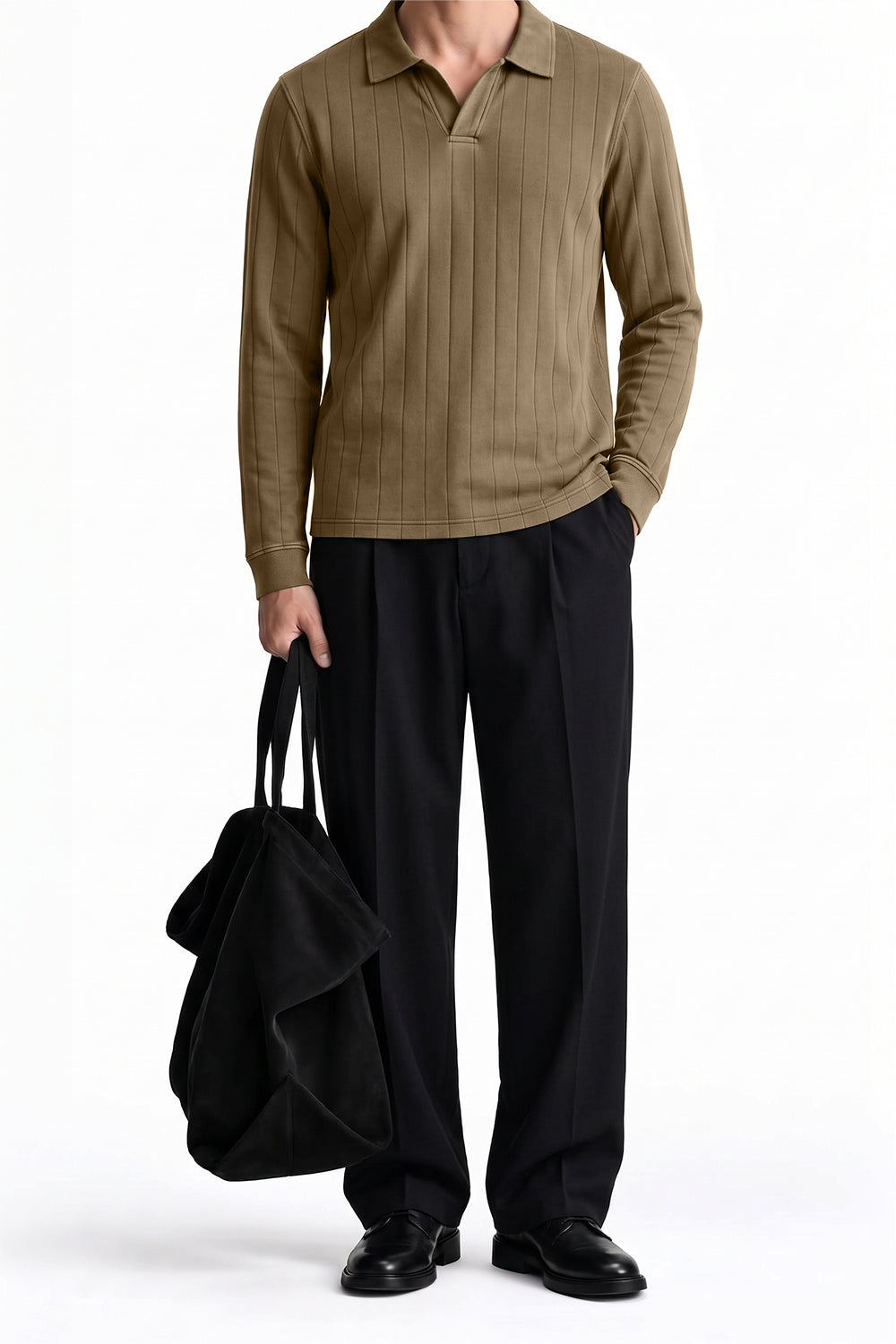 Man wearing the Brown Dropneedle Full Sleeve Polo with black trousers