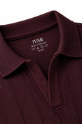 Close-up of Maroon Dropneedle Full Sleeve Polo Johnny collar and dropneedle texture