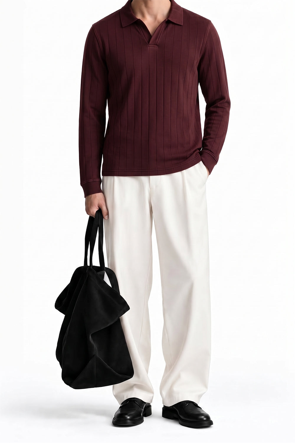 Man wearing the Maroon Dropneedle Full Sleeve Polo with cream trousers