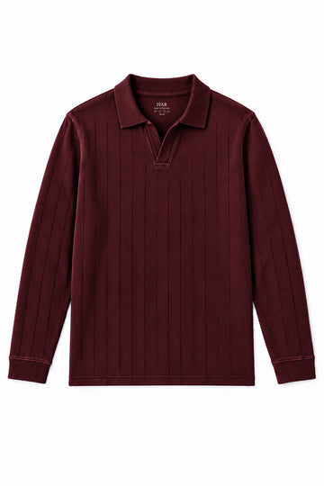 IVAR Maroon Dropneedle Full Sleeve Polo, flat lay front view